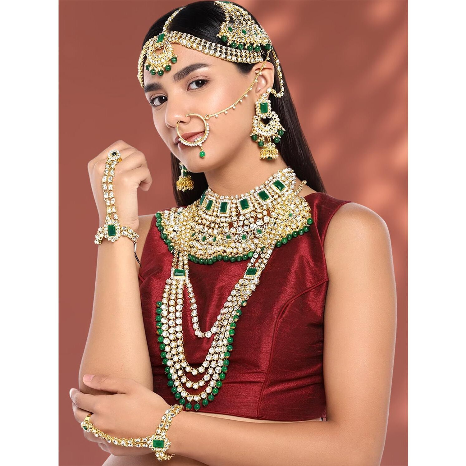 Peora Ethnic Traditional Gold Plated Kundan Studded Dulhan Bridal Jewellery Set with Choker Earrings Maang Tikka Hathphool for Women Girls