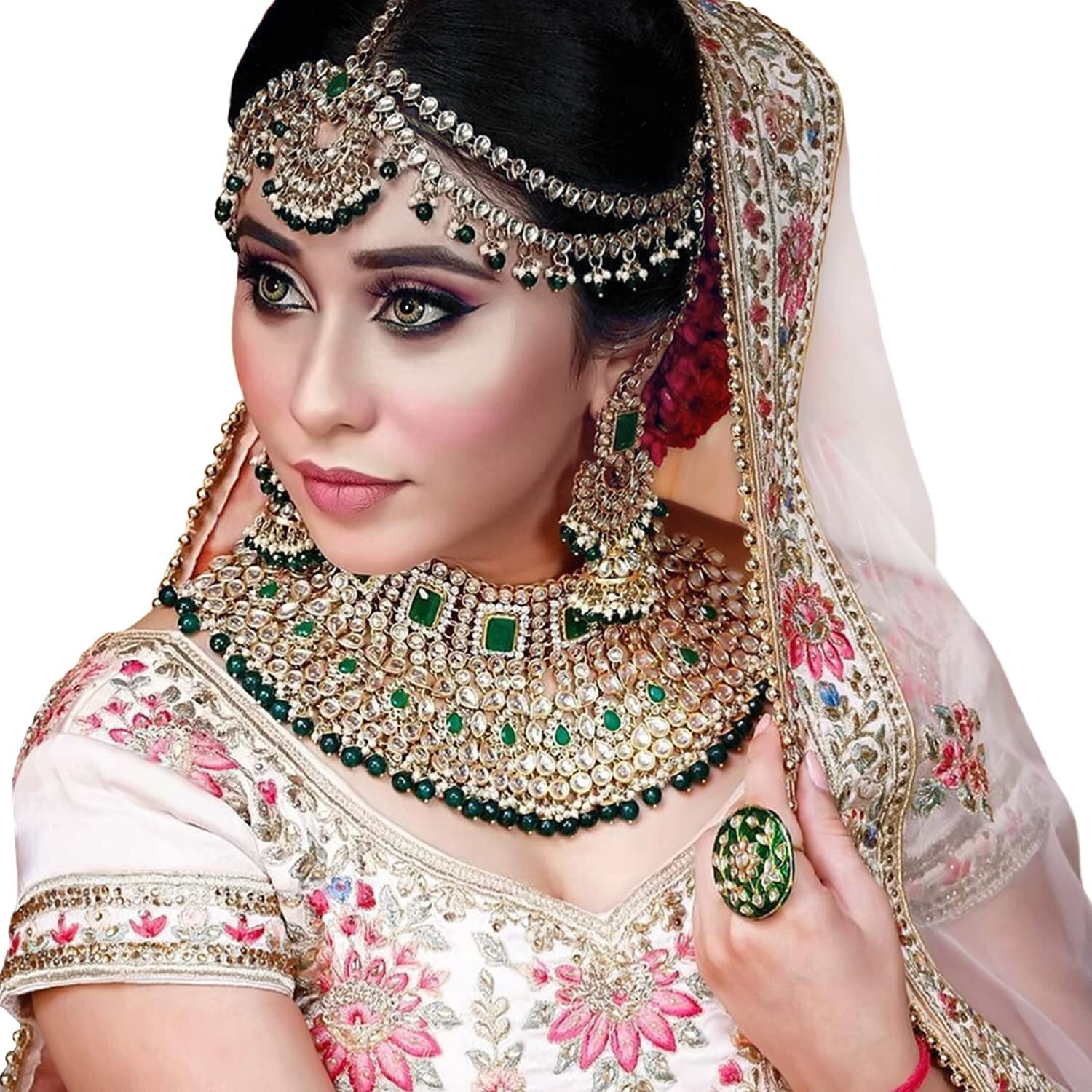 Peora Ethnic Traditional Gold Plated Kundan Studded Dulhan Bridal Jewellery Set with Choker Earrings Maang Tikka Hathphool for Women Girls