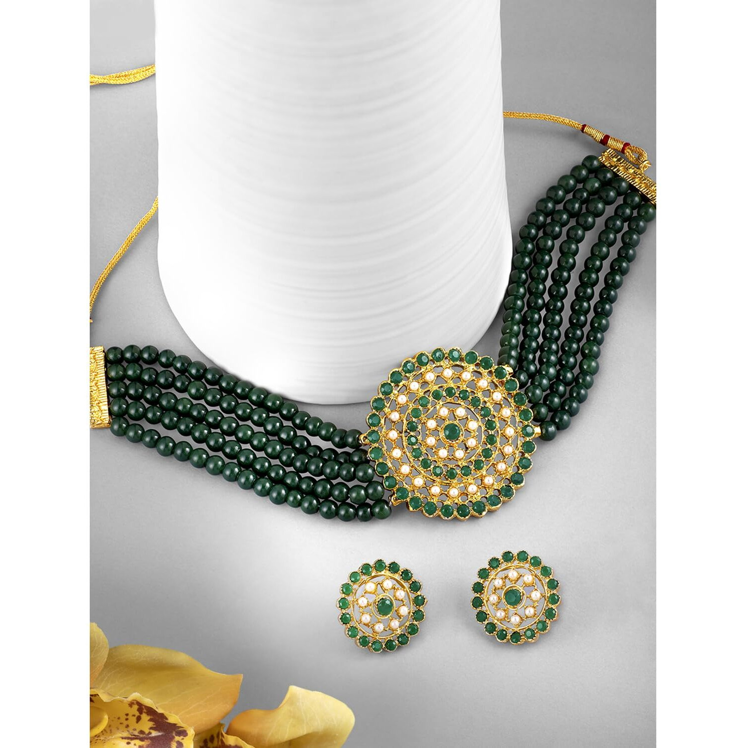 Peora Gold Plated Pearl Diamond Kundan Choker Necklace with Big Round Stud Earrings Traditional Jewellery Set For Women Girls