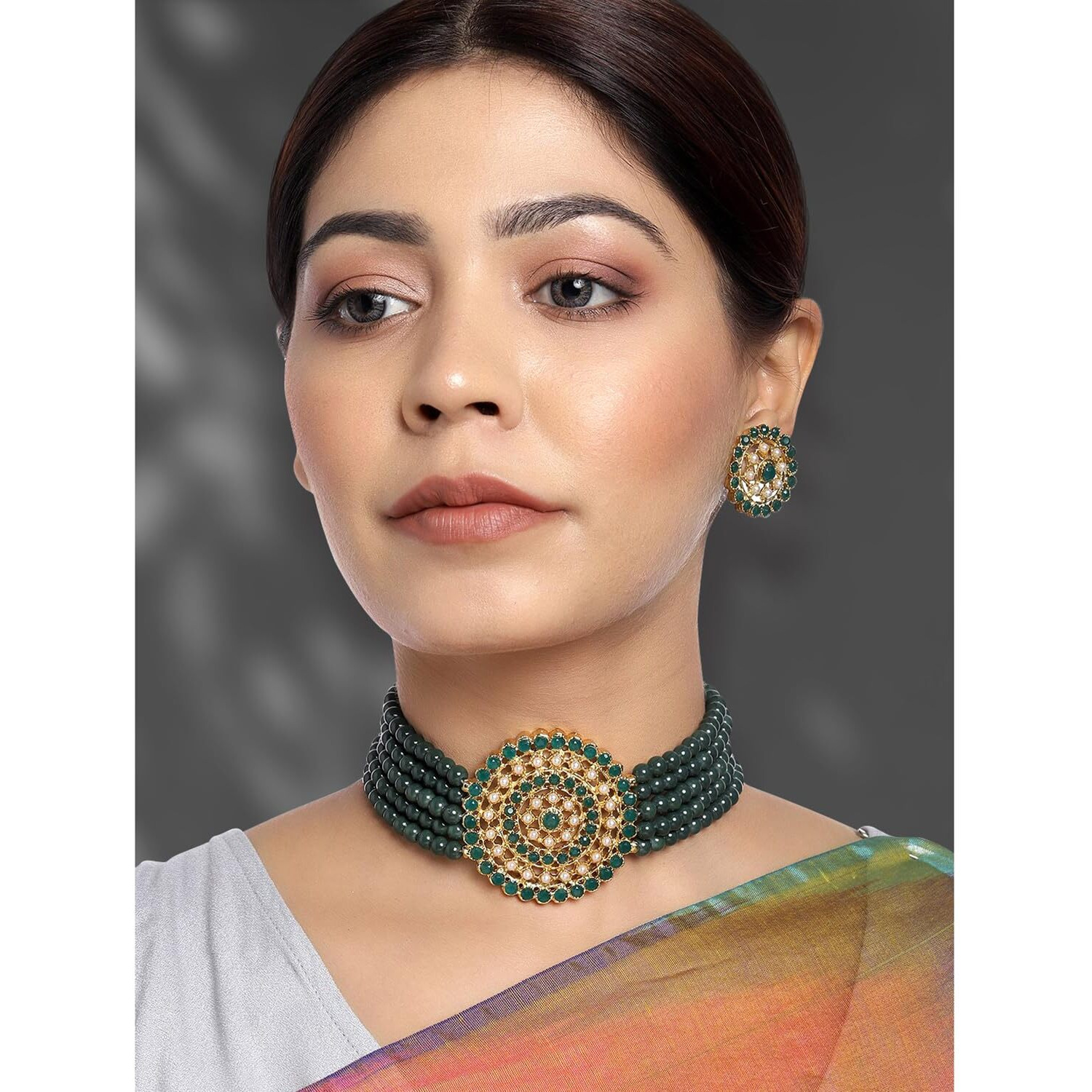 Peora Gold Plated Pearl Diamond Kundan Choker Necklace with Big Round Stud Earrings Traditional Jewellery Set For Women Girls