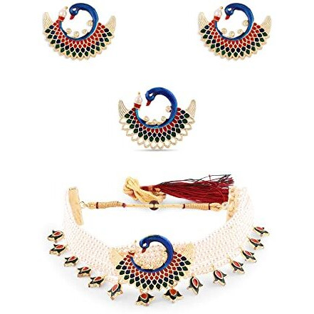 ZAVERI PEARLS Multicolor Meenakari Peacock Inspired Multistrand Pearls Choker Necklace Earring & Ring Set For Women-ZPFK14436