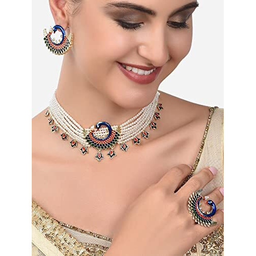 ZAVERI PEARLS Multicolor Meenakari Peacock Inspired Multistrand Pearls Choker Necklace Earring & Ring Set For Women-ZPFK14436