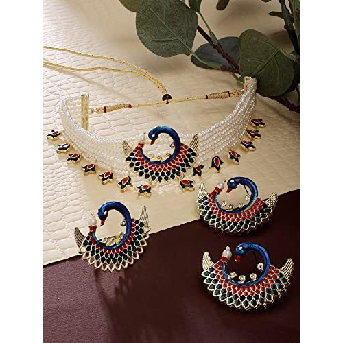 ZAVERI PEARLS Multicolor Meenakari Peacock Inspired Multistrand Pearls Choker Necklace Earring & Ring Set For Women-ZPFK14436