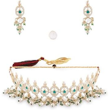 ZAVERI PEARLS Green Stones Rajwada Kundan Choker Necklace Earring & Ring Set For Women-ZPFK17279