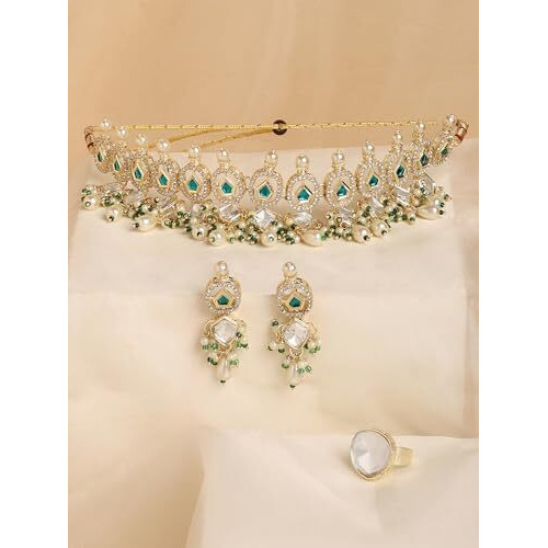 ZAVERI PEARLS Green Stones Rajwada Kundan Choker Necklace Earring & Ring Set For Women-ZPFK17279