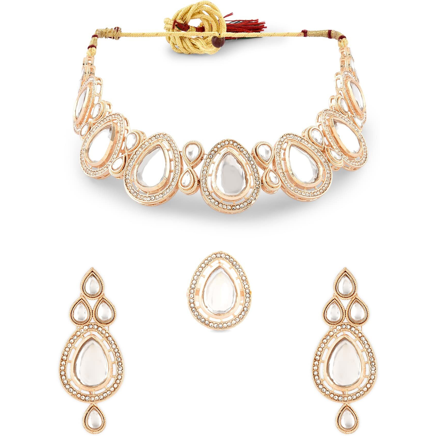 ZAVERI PEARLS Gold Tone Dazzling Kundan & Austrian Diamonds Teardrop Necklace Earring & Ring Set For Women-ZPFK16068