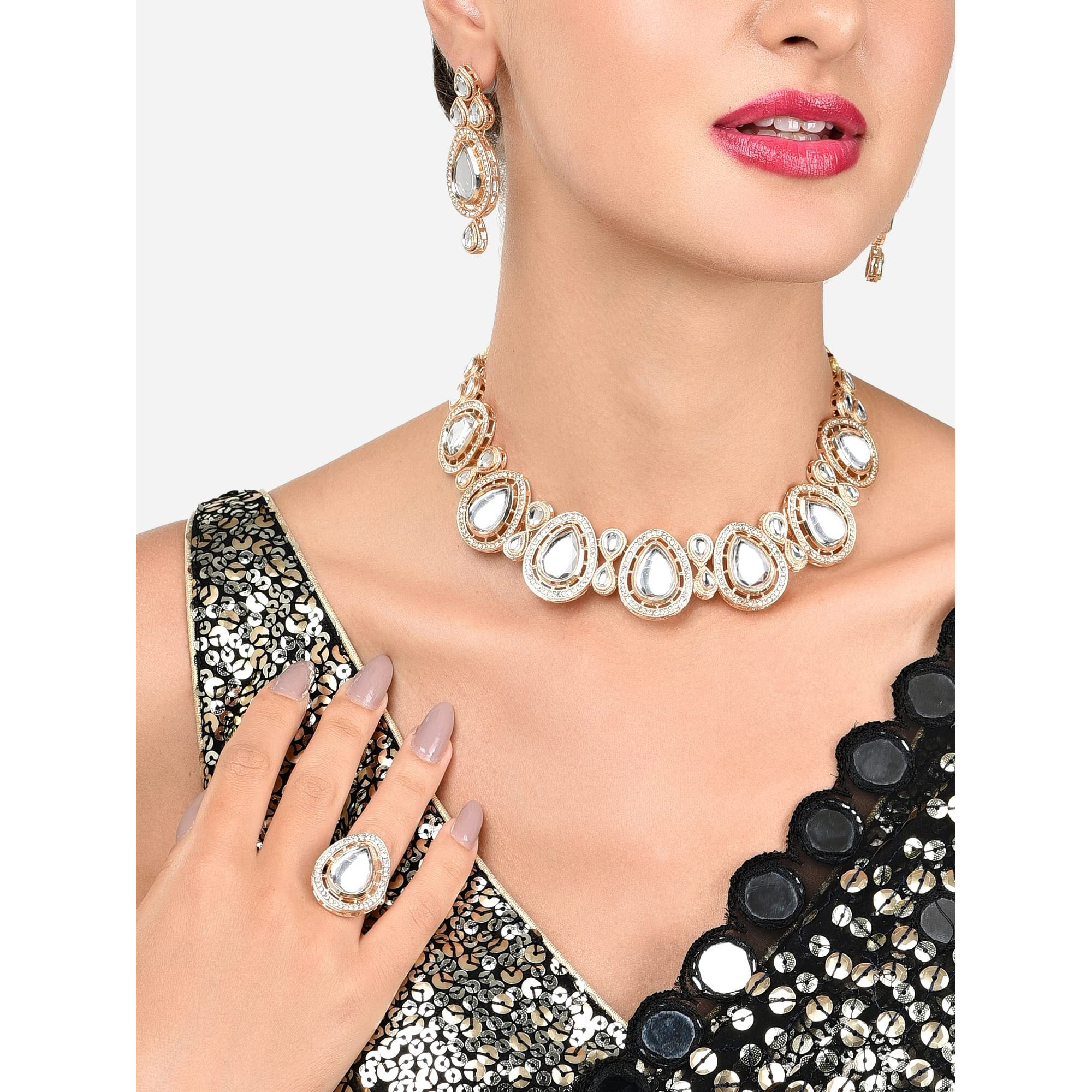 ZAVERI PEARLS Gold Tone Dazzling Kundan & Austrian Diamonds Teardrop Necklace Earring & Ring Set For Women-ZPFK16068