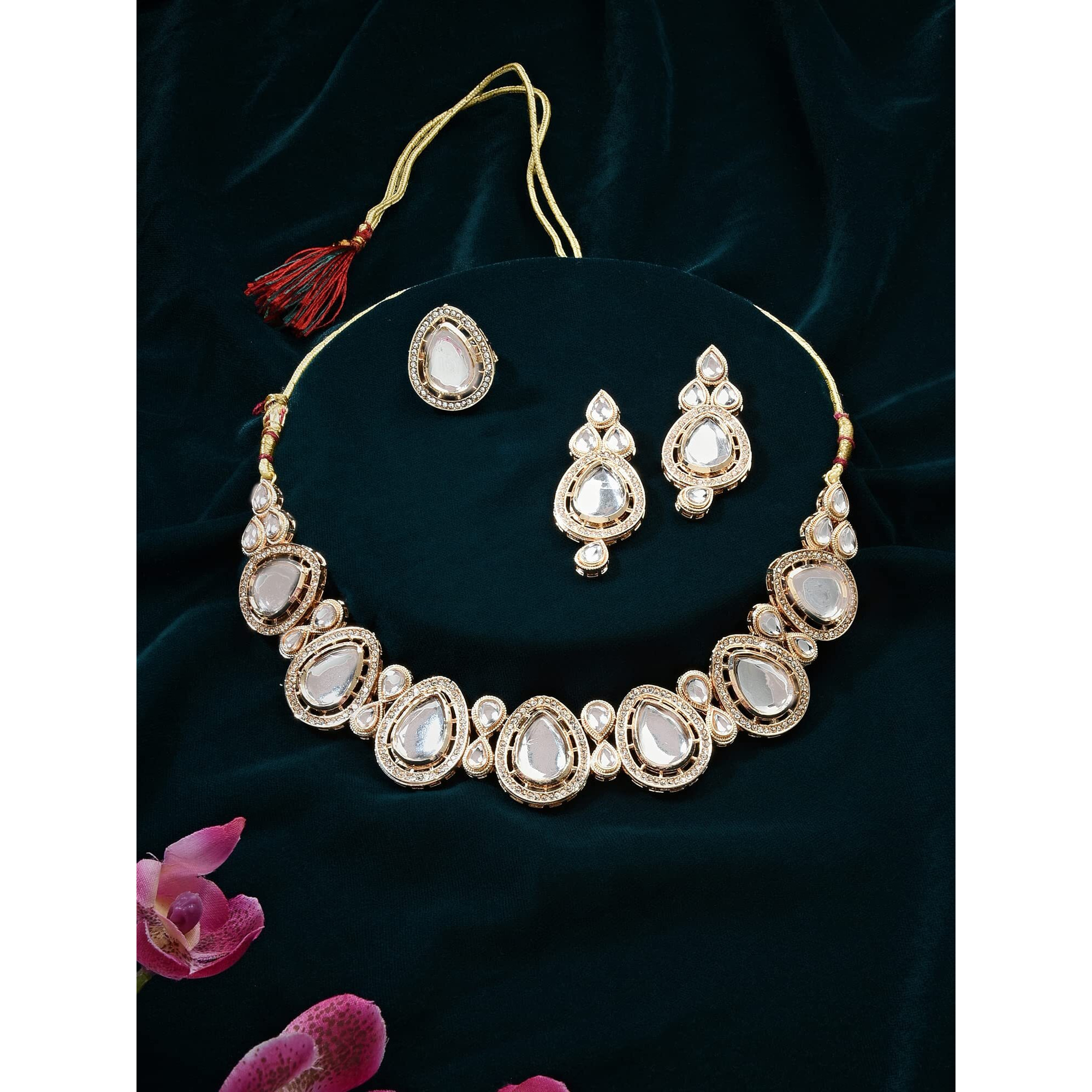 ZAVERI PEARLS Gold Tone Dazzling Kundan & Austrian Diamonds Teardrop Necklace Earring & Ring Set For Women-ZPFK16068