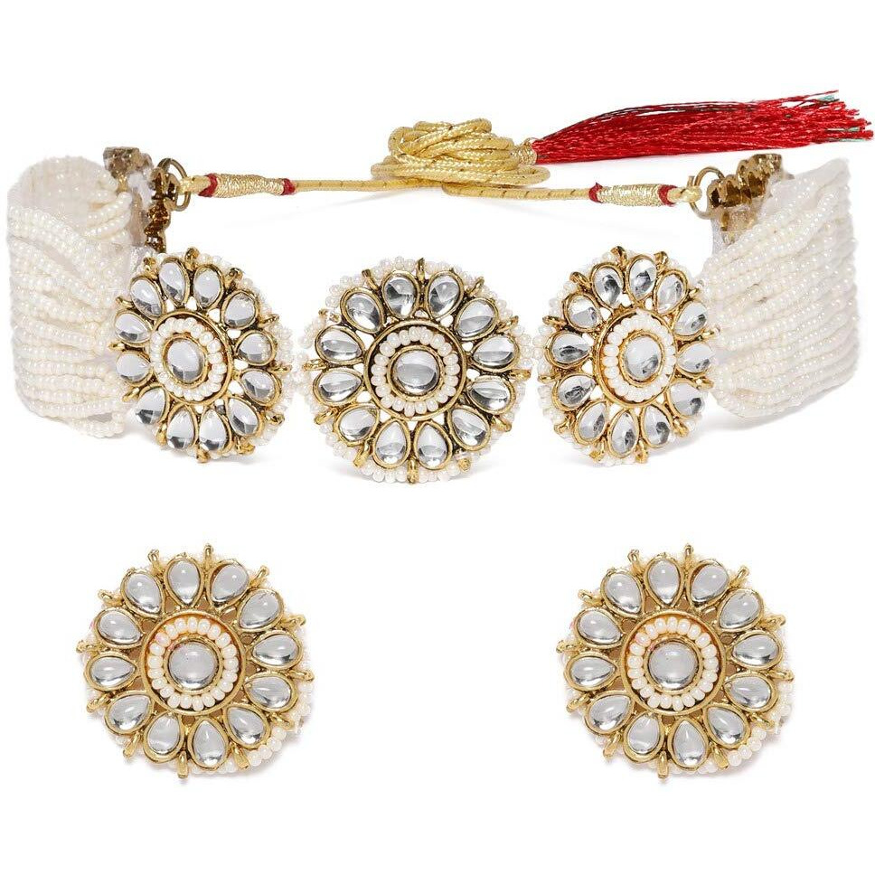 ZAVERI PEARLS Gold Tone Kundan & Pearls Flowers Choker Necklace & earring Set For Women-ZPFK9814