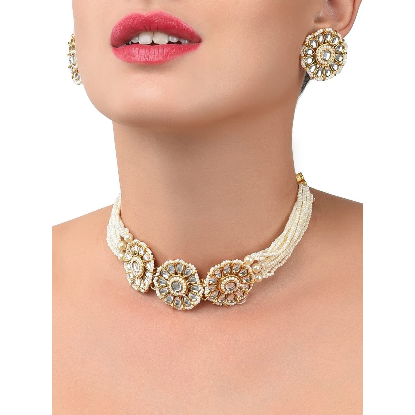 ZAVERI PEARLS Gold Tone Kundan & Pearls Flowers Choker Necklace & earring Set For Women-ZPFK9814