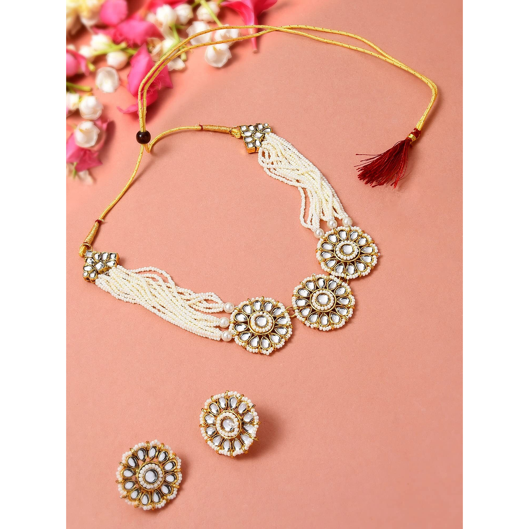 ZAVERI PEARLS Gold Tone Kundan & Pearls Flowers Choker Necklace & earring Set For Women-ZPFK9814
