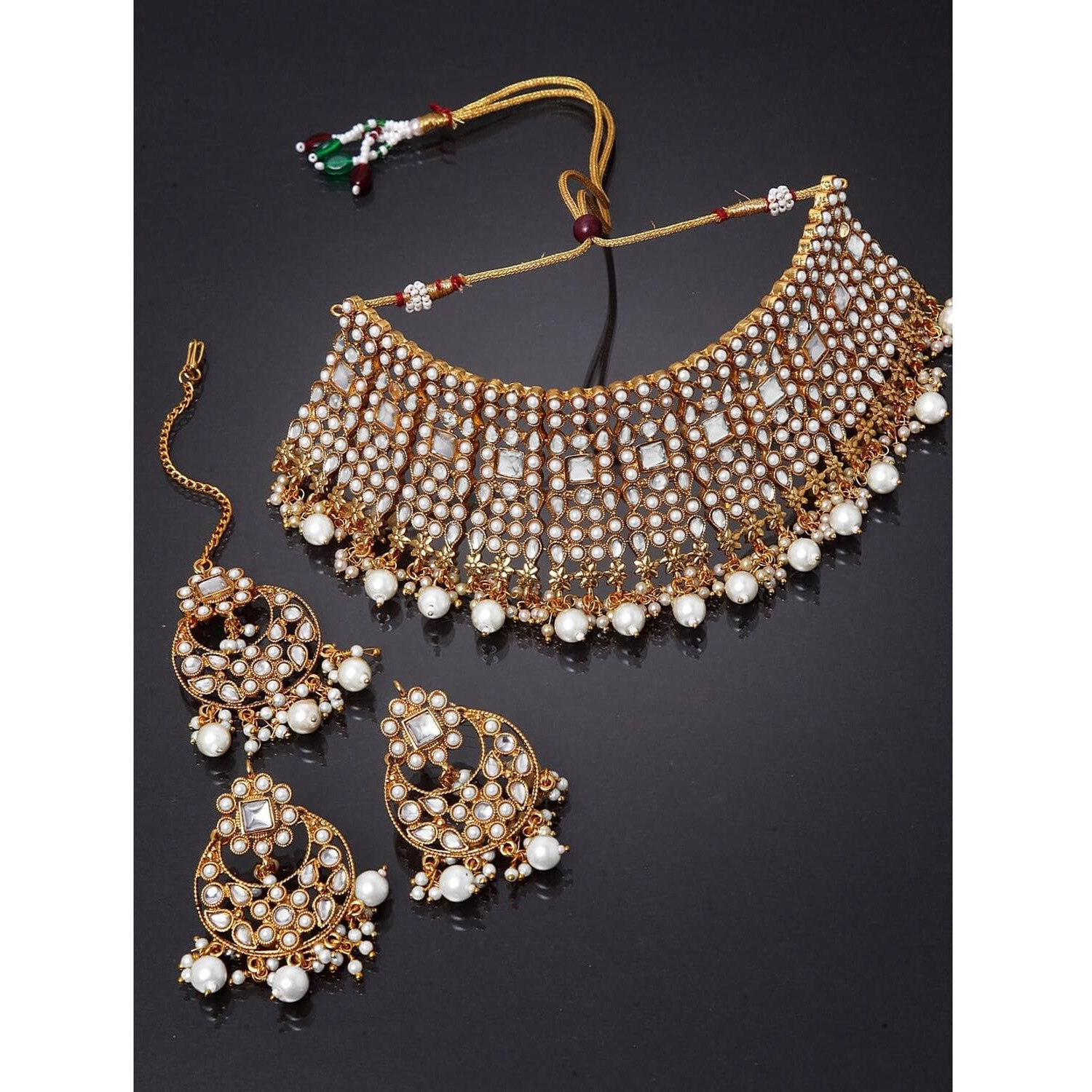 Peora Rani Padmavati Kundan Faux Pearl Choker Necklace Earrings Maang Tikka for Women Jewellery Set