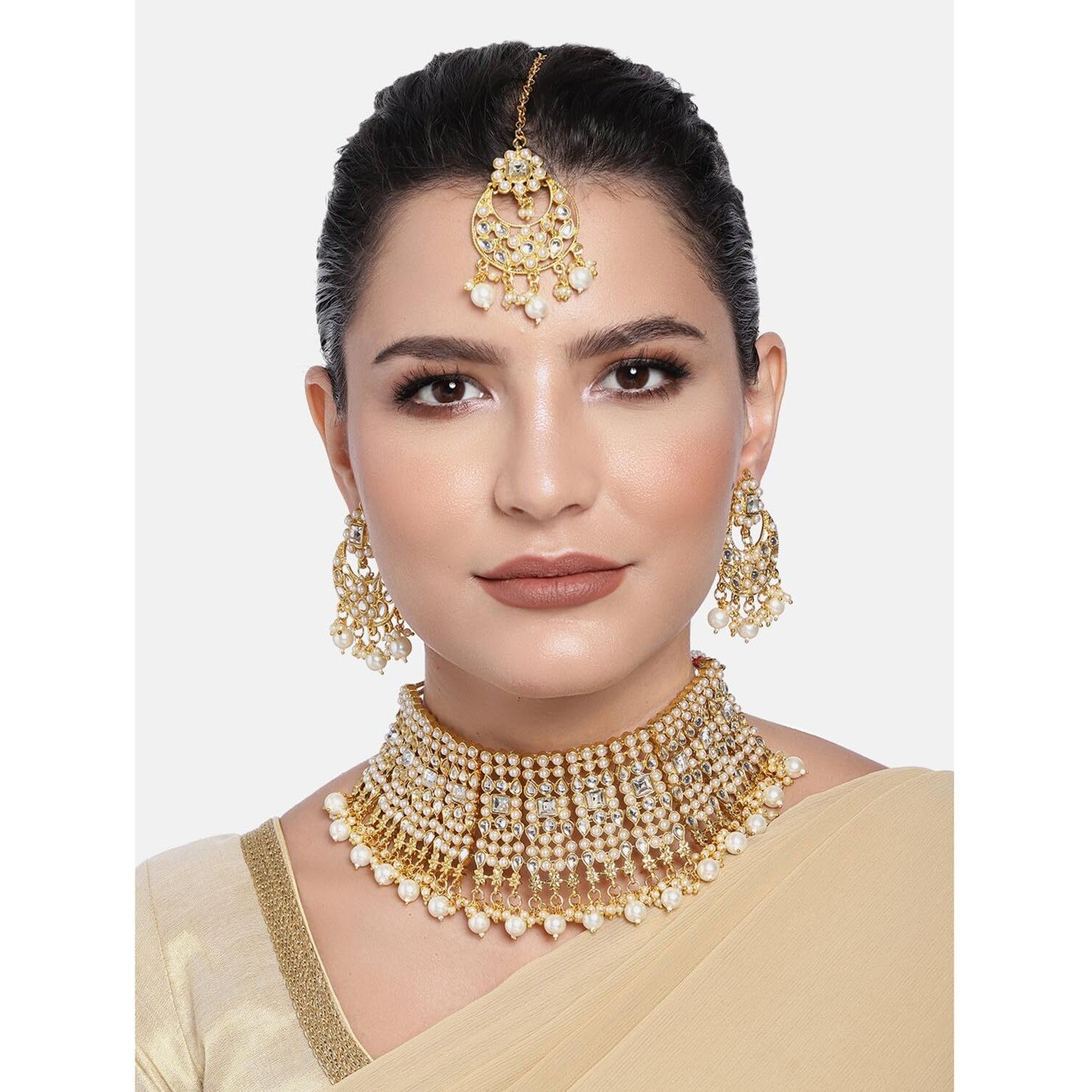 Peora Rani Padmavati Kundan Faux Pearl Choker Necklace Earrings Maang Tikka for Women Jewellery Set