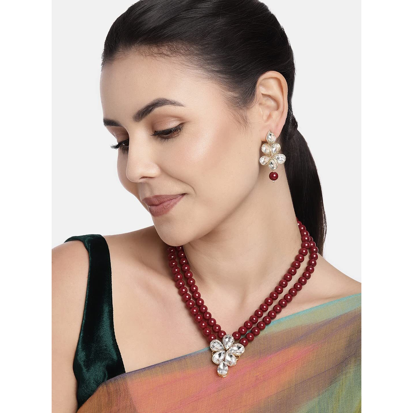 I Jewels 18k Gold Plated Traditional Kundan & Pearl Studded Necklace Jewellery Set For Women (ML311M)