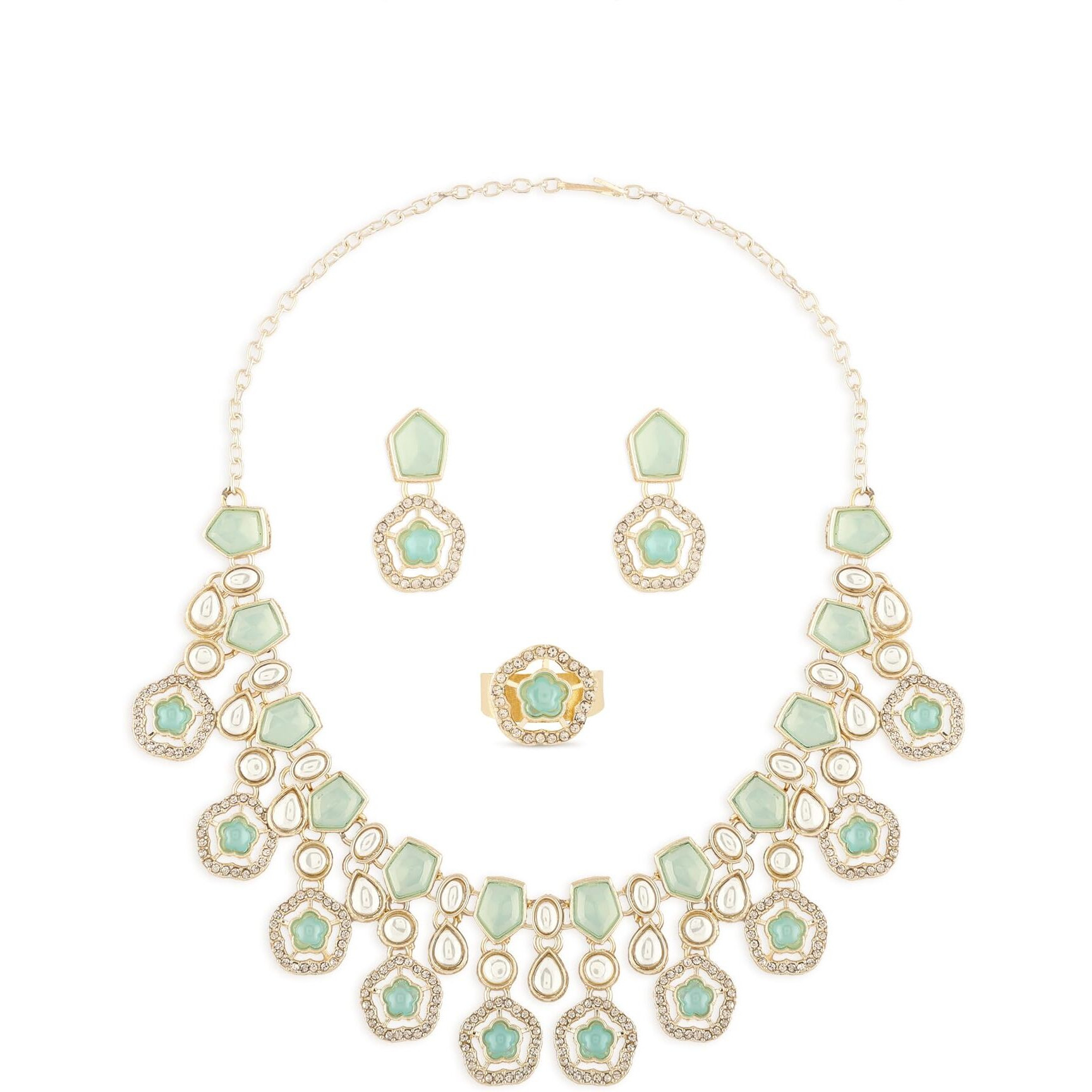 ZAVERI PEARLS Mint Green Kundan Austrian Diamonds & Artificial Stones Embellished Necklace Earring & Ring Set For Women-ZPFK17098