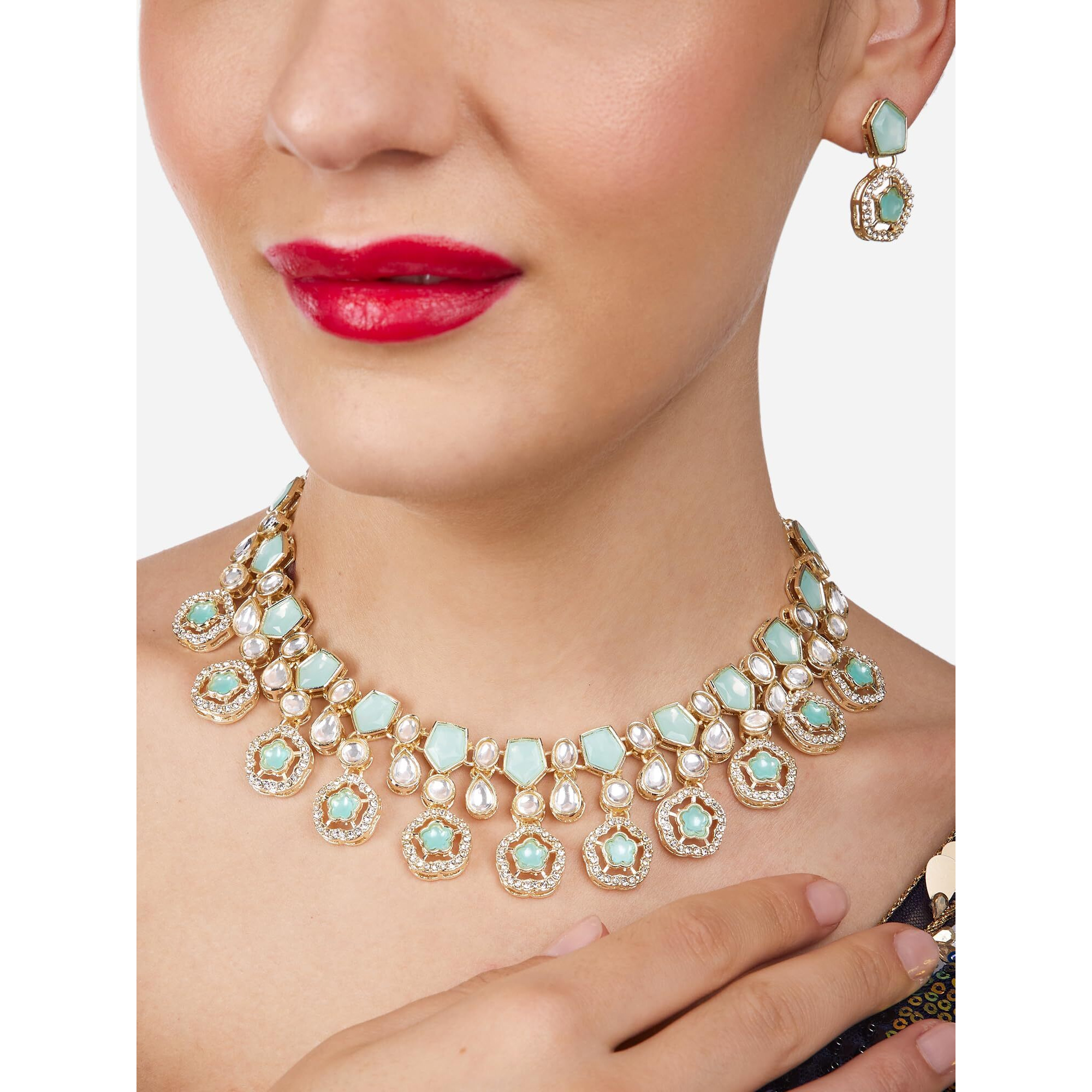 ZAVERI PEARLS Mint Green Kundan Austrian Diamonds & Artificial Stones Embellished Necklace Earring & Ring Set For Women-ZPFK17098