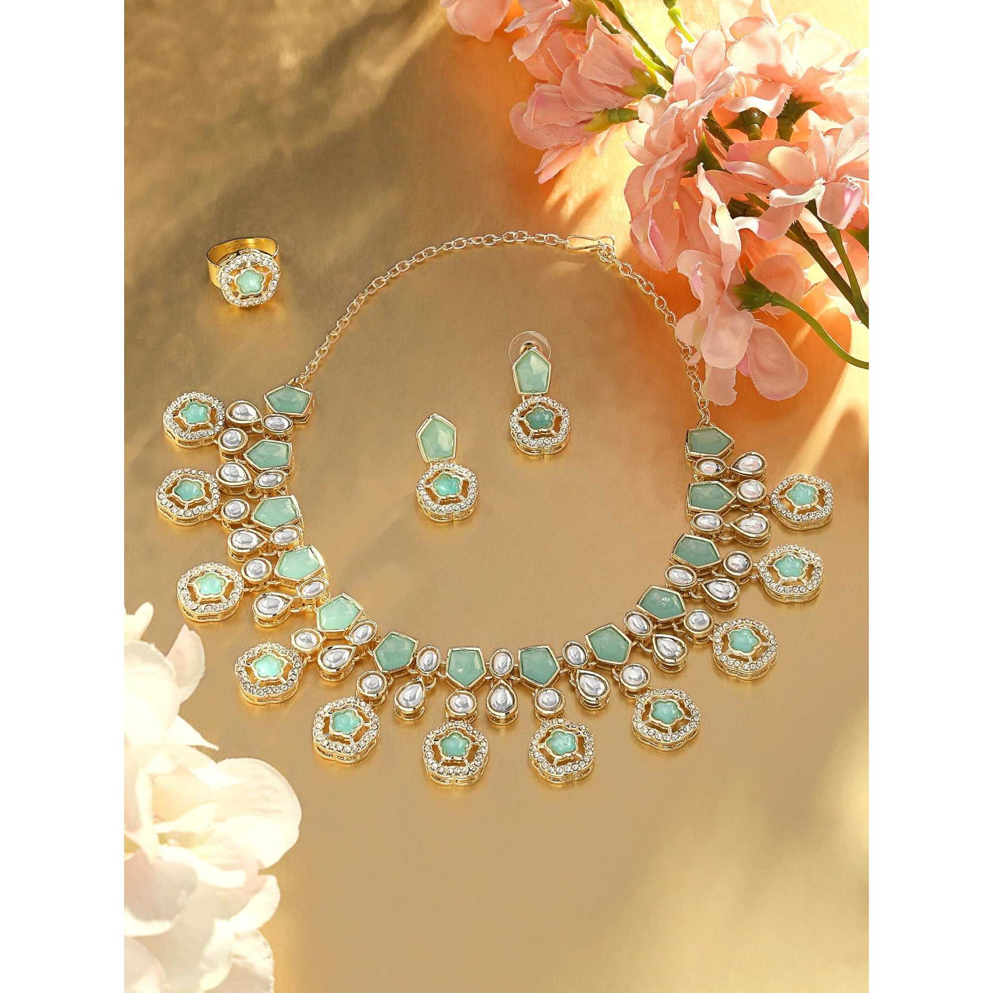 ZAVERI PEARLS Mint Green Kundan Austrian Diamonds & Artificial Stones Embellished Necklace Earring & Ring Set For Women-ZPFK17098
