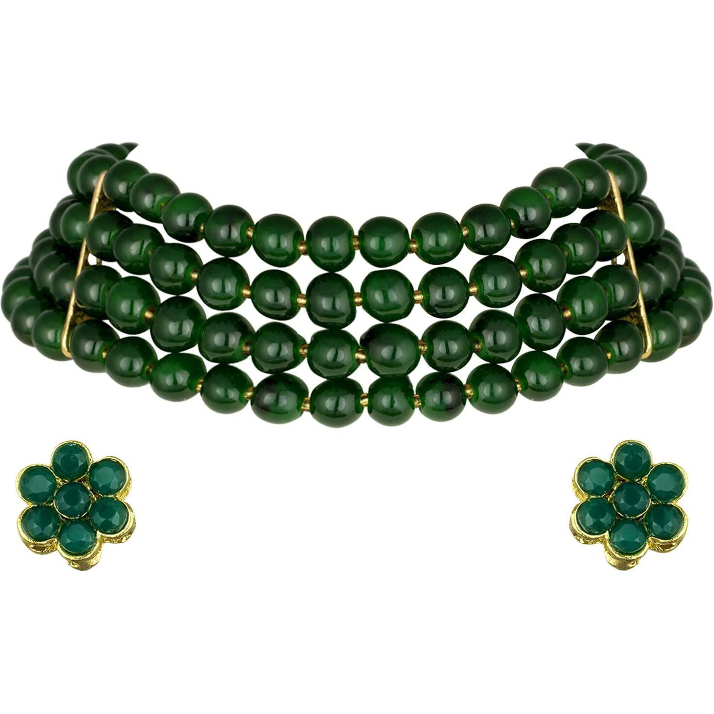 Peora Gold Plated in Brass Alloy Green Pearl Beaded Choker Necklace with Stud Earrings for Women Girls Traditional Jewellery Set (Green)