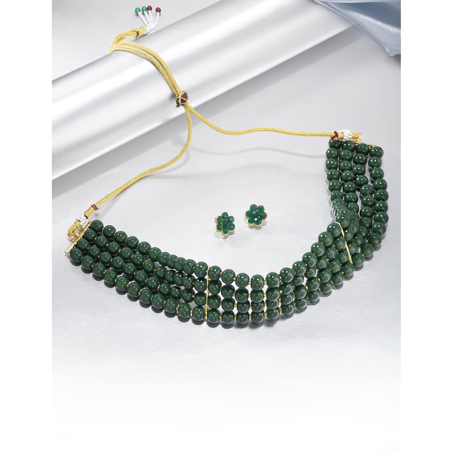 Peora Gold Plated in Brass Alloy Green Pearl Beaded Choker Necklace with Stud Earrings for Women Girls Traditional Jewellery Set (Green)