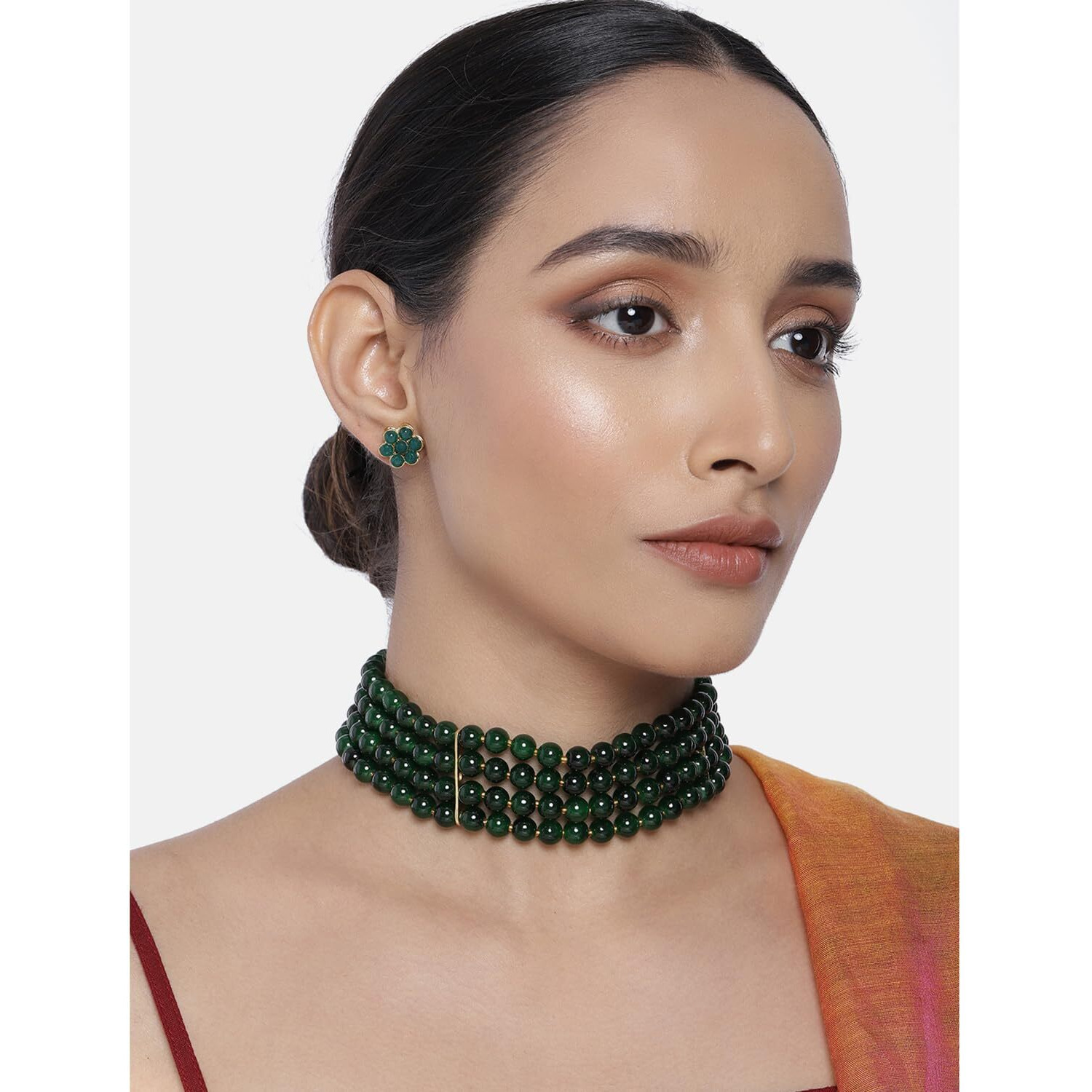 Peora Gold Plated in Brass Alloy Green Pearl Beaded Choker Necklace with Stud Earrings for Women Girls Traditional Jewellery Set (Green)
