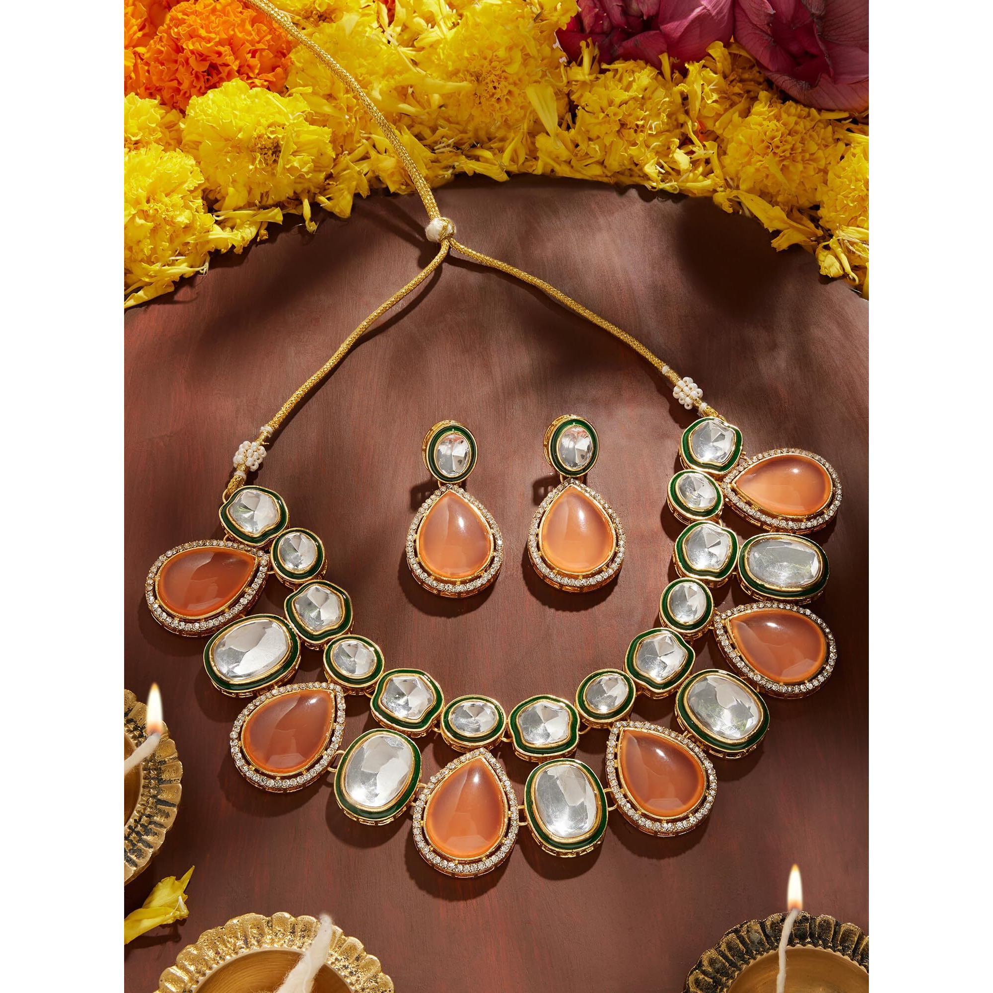 ZAVERI PEARLS Peach Stones Green Meenakari Austrian Diamonds Embellished Necklace & Earring Set For Women-ZPFK18060