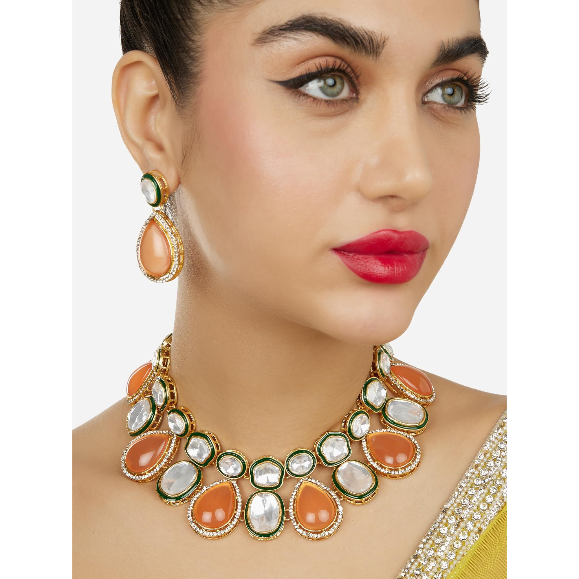 ZAVERI PEARLS Peach Stones Green Meenakari Austrian Diamonds Embellished Necklace & Earring Set For Women-ZPFK18060