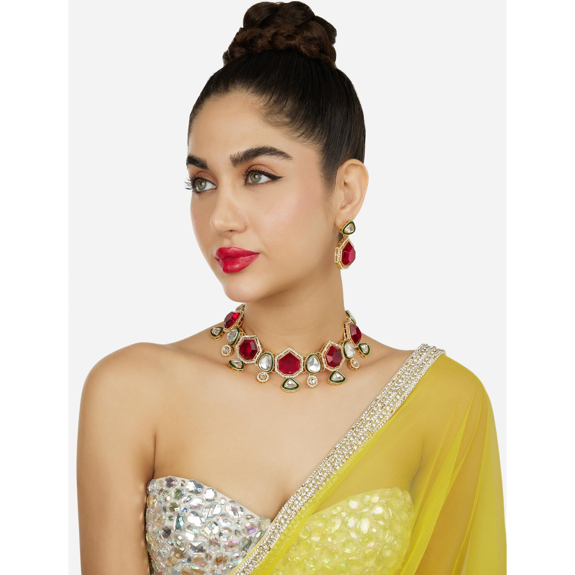 ZAVERI PEARLS Pink Stones Green Meenakari Austrian Diamonds Embellished Necklace & Earring Set For Women-ZPFK18068