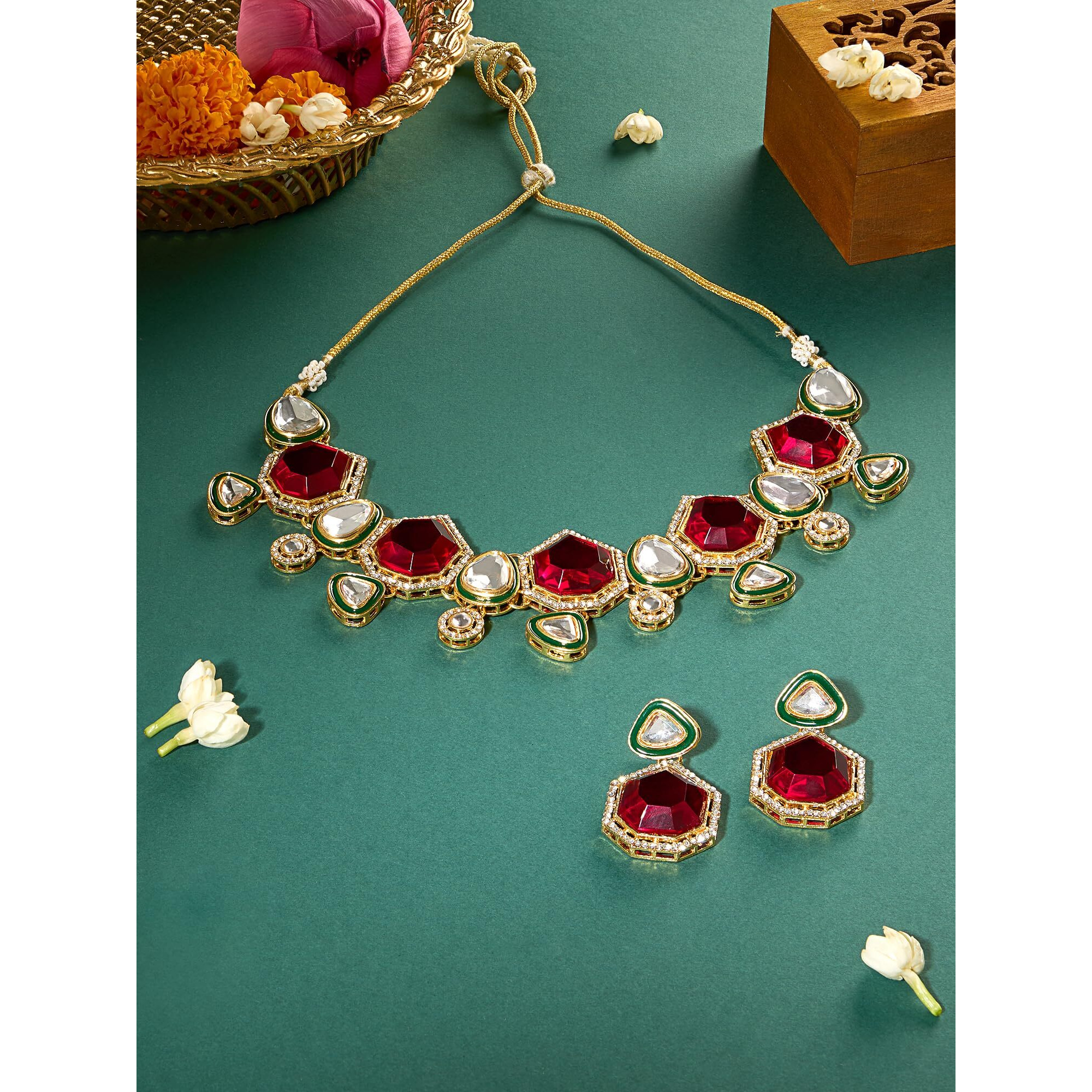 ZAVERI PEARLS Pink Stones Green Meenakari Austrian Diamonds Embellished Necklace & Earring Set For Women-ZPFK18068