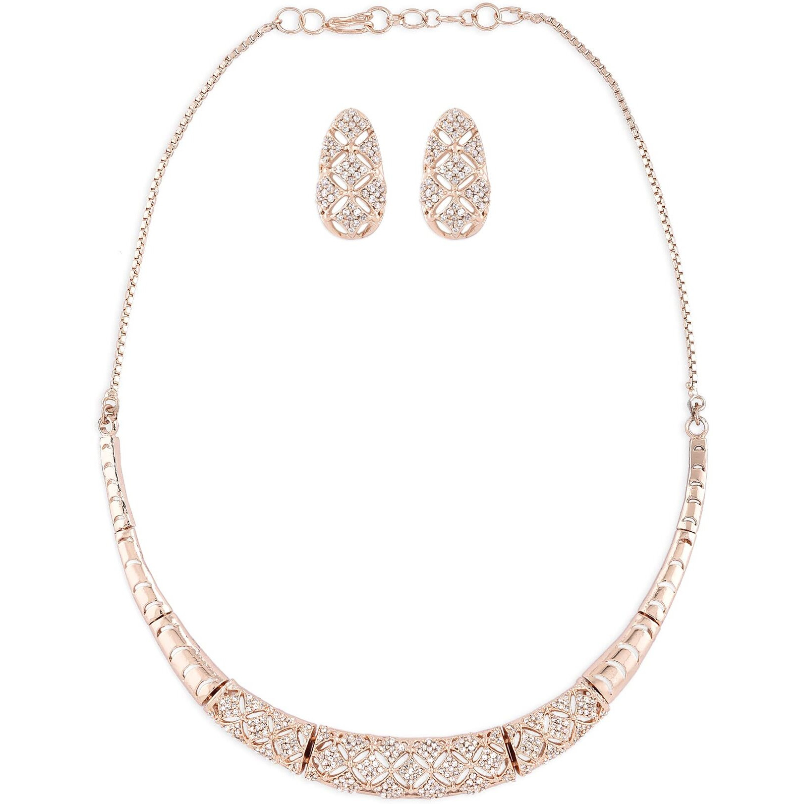 ZAVERI PEARLS Rose Gold Cubic Zirconia Party Bling Necklace & Earring Set For Women-ZPFK15274