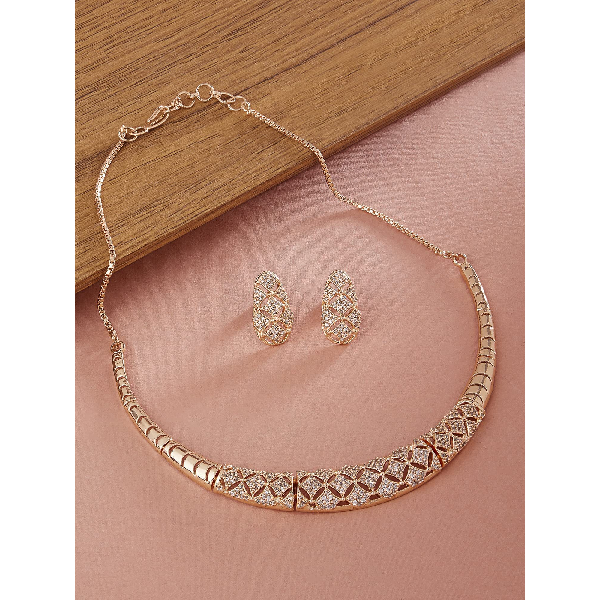 ZAVERI PEARLS Rose Gold Cubic Zirconia Party Bling Necklace & Earring Set For Women-ZPFK15274