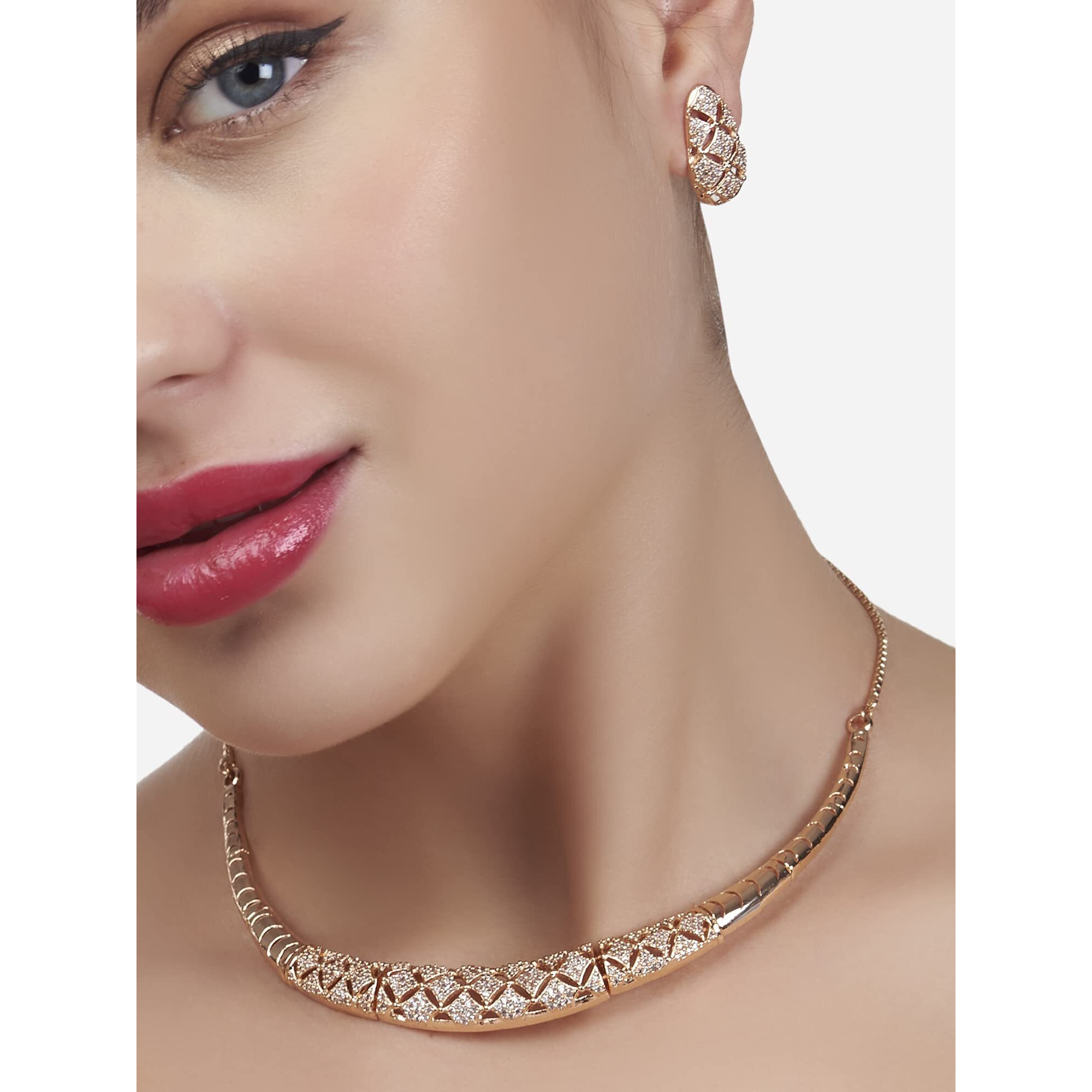 ZAVERI PEARLS Rose Gold Cubic Zirconia Party Bling Necklace & Earring Set For Women-ZPFK15274