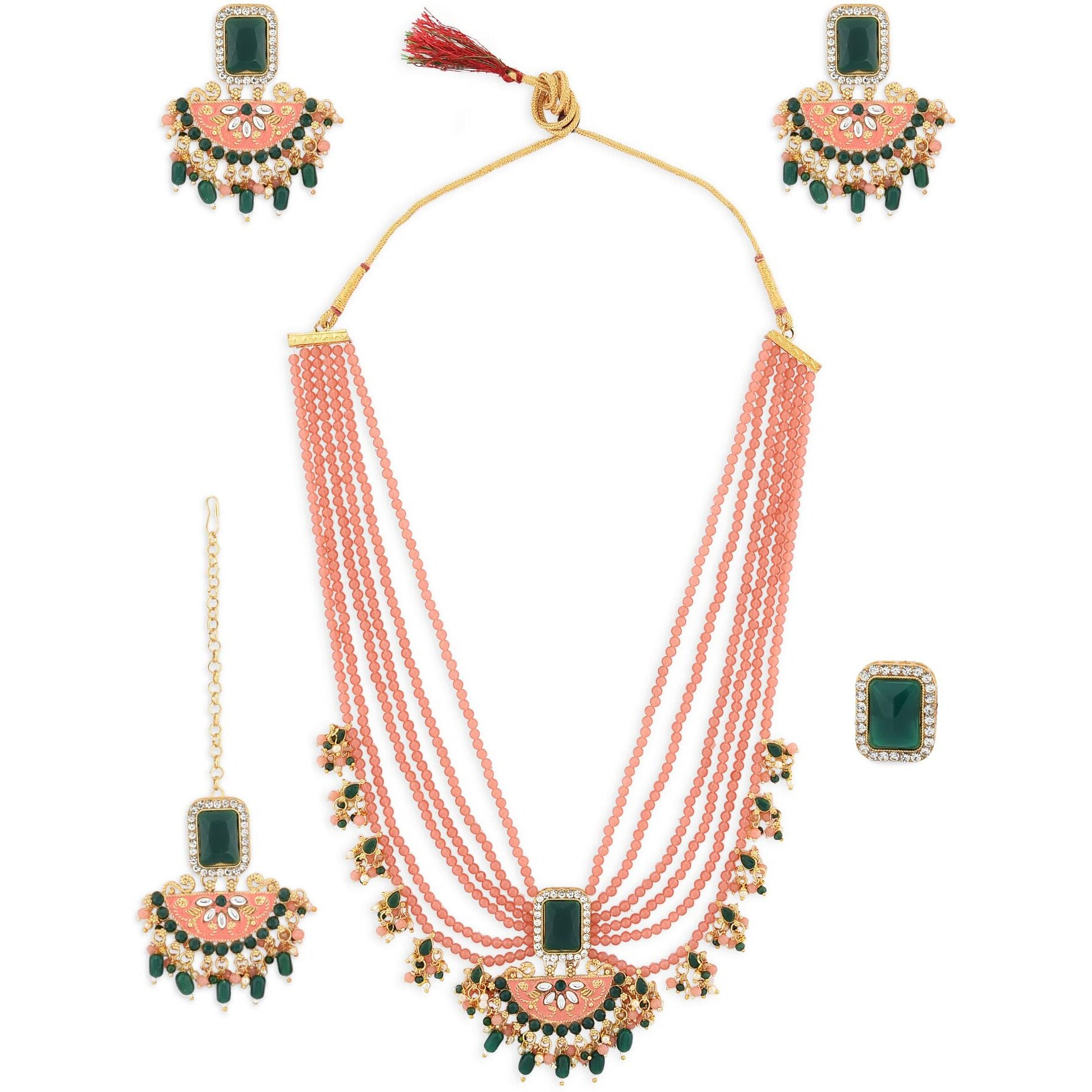 ZAVERI PEARLS Peach & Green Multistrands Bridal Necklace Earring Maangtikka & Ring Set For Women-ZPFK12626