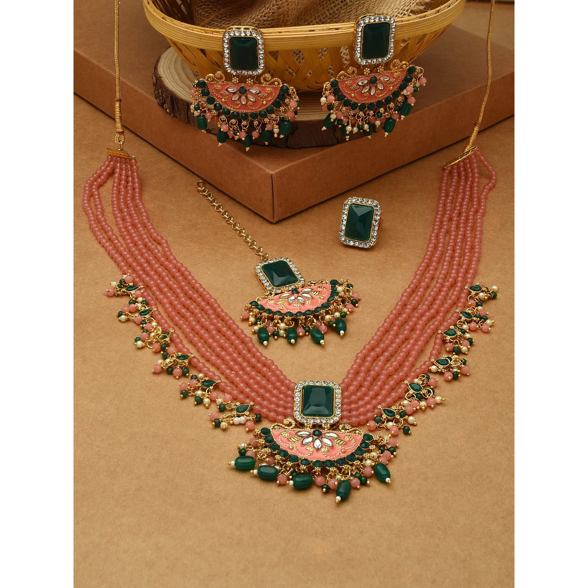 ZAVERI PEARLS Peach & Green Multistrands Bridal Necklace Earring Maangtikka & Ring Set For Women-ZPFK12626