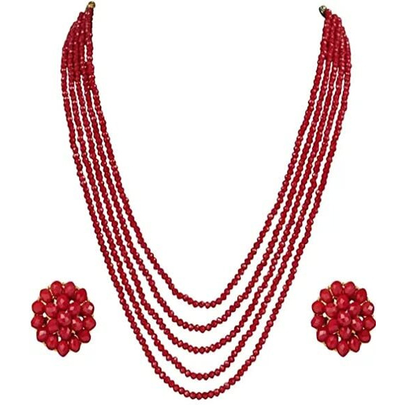 Yash Gems Red Crystal Beads 5 Layer Multistrand Necklace Set for Women,Girl