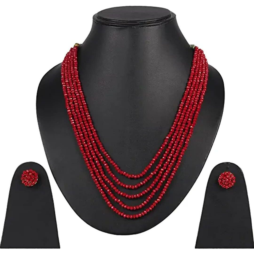 Yash Gems Red Crystal Beads 5 Layer Multistrand Necklace Set for Women,Girl