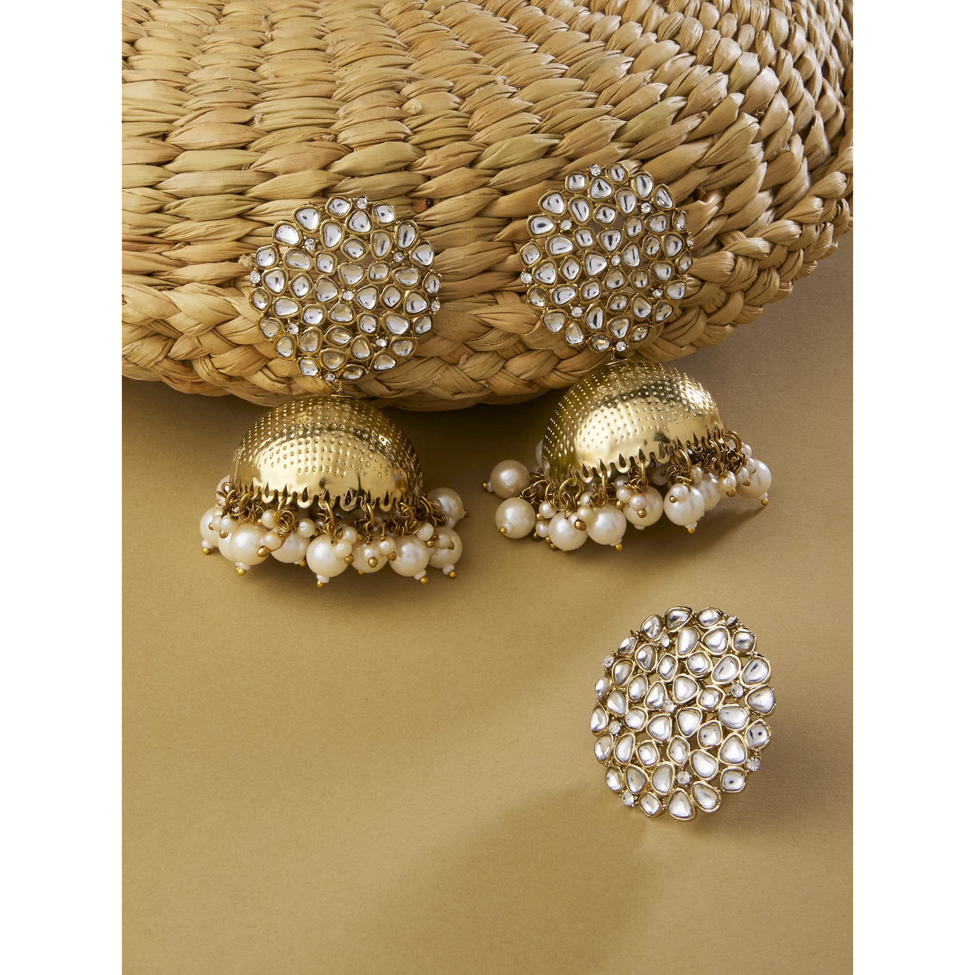 ZAVERI PEARLS Antique Gold Tone Traditional Kundan Jhumki Earring & Ring Set For Women-ZPFK13163