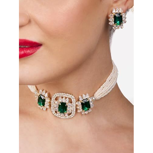 ZAVERI PEARLS Green Statement Stones Embellished Multistrand Beaded Choker Necklace & Earring Set For Women-ZPFK17202