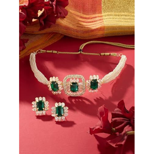 ZAVERI PEARLS Green Statement Stones Embellished Multistrand Beaded Choker Necklace & Earring Set For Women-ZPFK17202