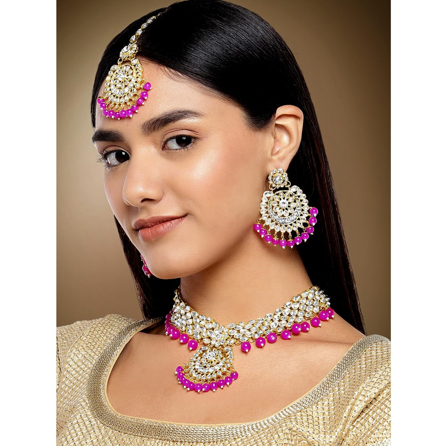 Peora Indian Traditional 18K Gold Plated Kundan Brass Alloy Bead Choker Necklace with Earring Mangtikka Jewellery Set for Women & Girls