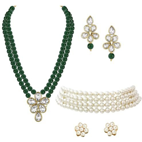 Peora Gold Plated Pearl Beaded White Choker & Green Necklace Combo set with Stud & Drop Earrings for Women Girls Traditional Jewellery Set