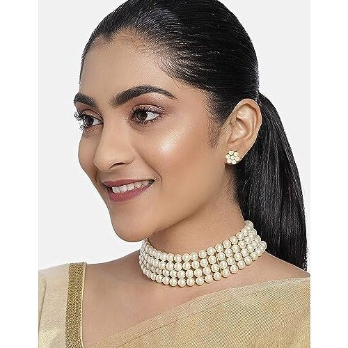 Peora Gold Plated Pearl Beaded White Choker & Green Necklace Combo set with Stud & Drop Earrings for Women Girls Traditional Jewellery Set