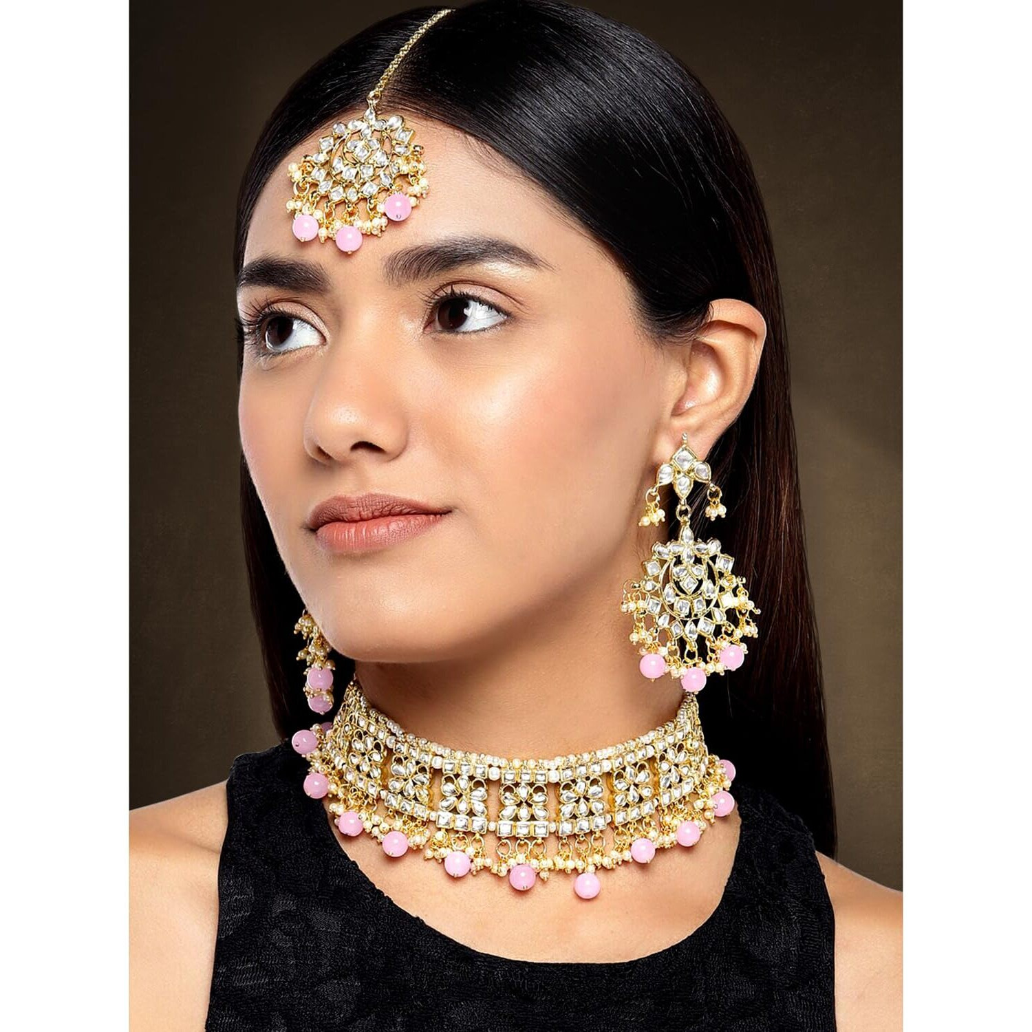Peora Ethnic Indian Traditional Jewellery 18K Gold Plated Kundan Necklace Earring Mang Tikka Set for Women Girls (Pink)