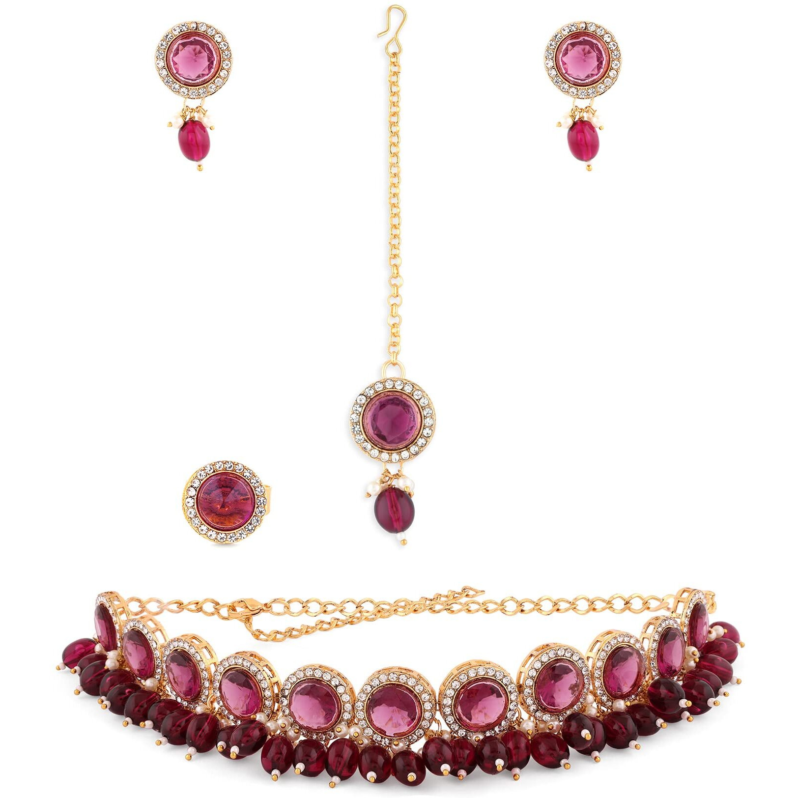 ZAVERI PEARLS Wine Color Stones & Cluster Beads Choker Necklace Earring Maangtikka & Ring Set For Women-ZPFK14598