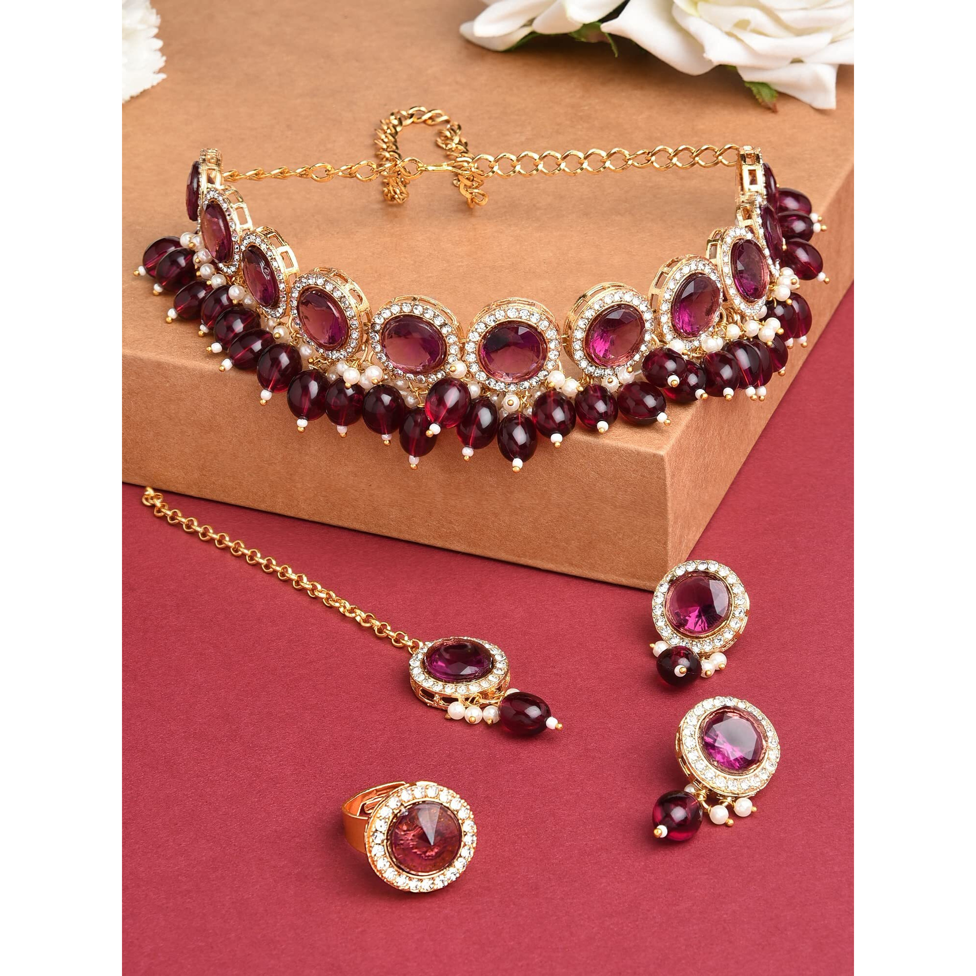 ZAVERI PEARLS Wine Color Stones & Cluster Beads Choker Necklace Earring Maangtikka & Ring Set For Women-ZPFK14598