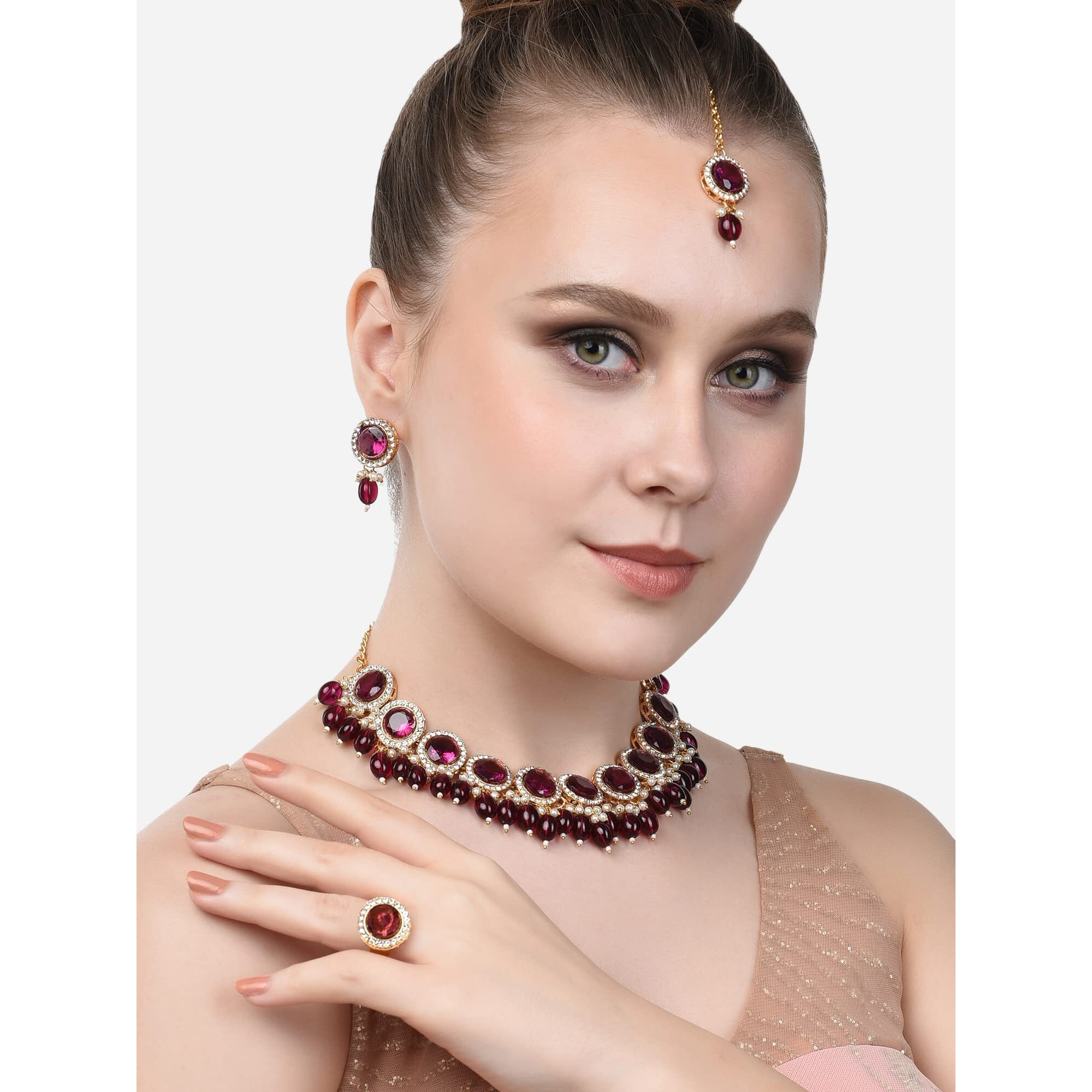 ZAVERI PEARLS Wine Color Stones & Cluster Beads Choker Necklace Earring Maangtikka & Ring Set For Women-ZPFK14598