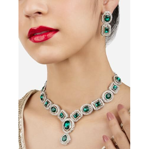 ZAVERI PEARLS Green Stones & Dazzling Austrian Diamonds Embellished Necklace & Earring Set For Women-ZPFK17196