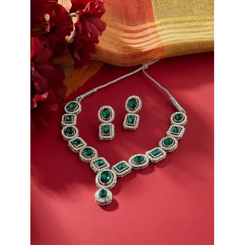 ZAVERI PEARLS Green Stones & Dazzling Austrian Diamonds Embellished Necklace & Earring Set For Women-ZPFK17196