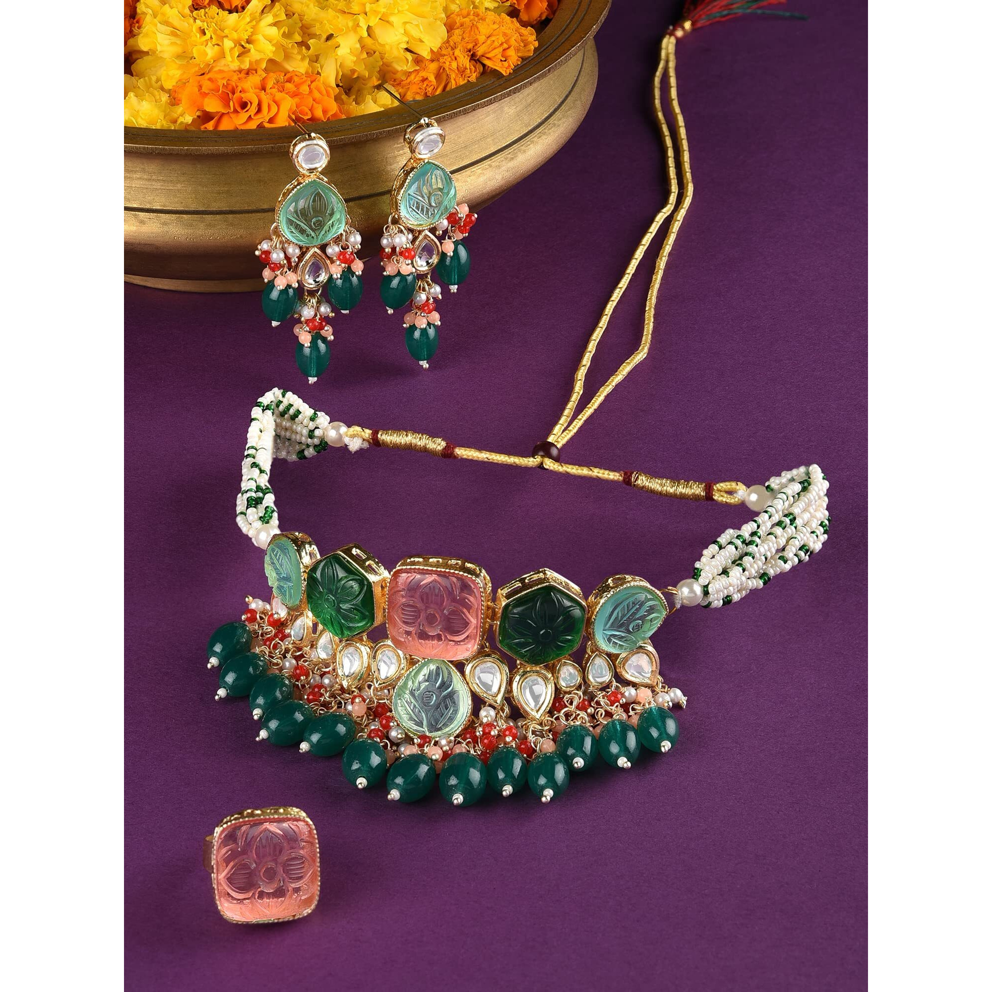 ZAVERI PEARLS Multicolor Stones & Beads Multistrand Beaded Kundan Choker Necklace Earring & Ring Set For Women-ZPFK15095