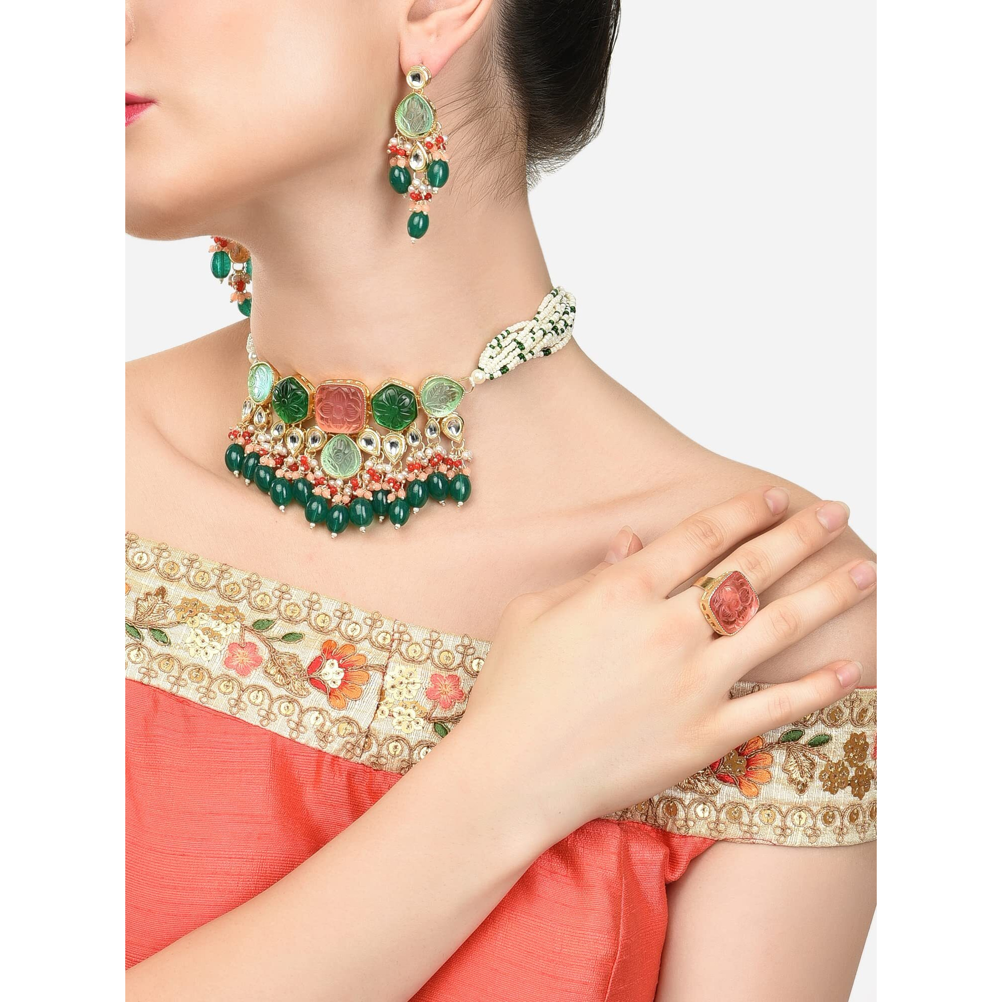 ZAVERI PEARLS Multicolor Stones & Beads Multistrand Beaded Kundan Choker Necklace Earring & Ring Set For Women-ZPFK15095