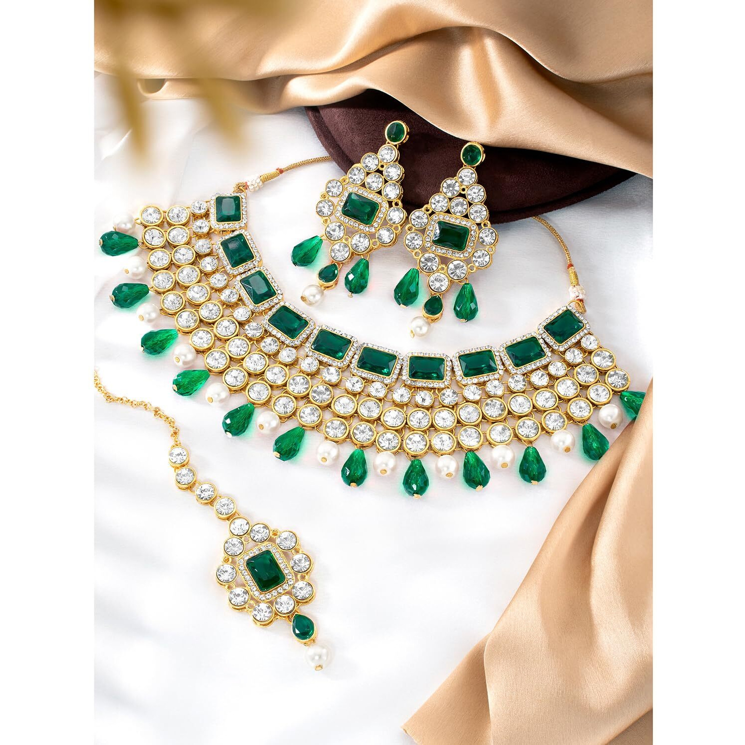 Peora Crystal Choker Necklace with Maang Tikka Earrings Indian Traditional Bridal Wedding Jewellery Set for Women Girls